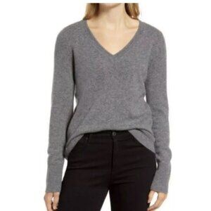 Halogen Cashmere V-Neck Long Sleeve Gray Pullover Sweater